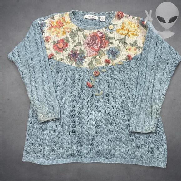 Chaus Sweaters - Vintage Chaus Womens Large Cable Knit Sweater 3D Rose Floral Grandmacore Blue